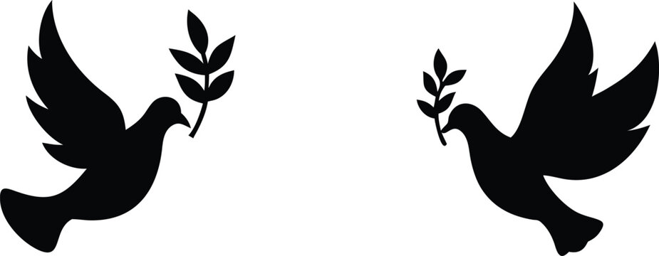 Peace dove flying with olive branch symbol set representing freedom hope and harmony for international unity and spirit.