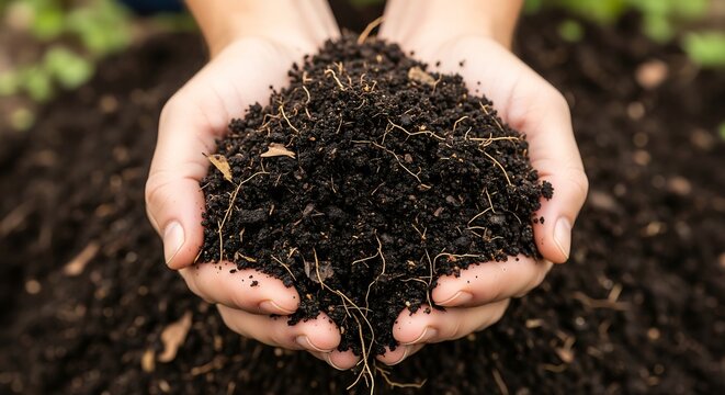 Hands holding dark rich soil, emphasizing the importance of healthy soil for gardening and agriculture