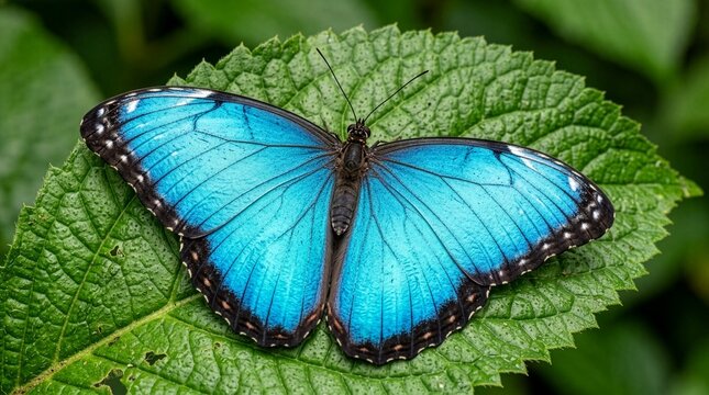 Blue morpho butterfly resting on green leaf close up
