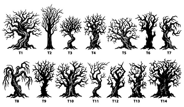 Creepy leafless tree silhouette vector illustration set with twisted black forest branches