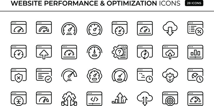 Website Performance Optimization Icon Set With Outline Speed Metrics Monitoring And Web App Analytics Symbols Design