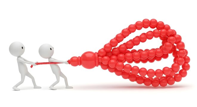 Two figures pulling a heavy bundle of red spheres