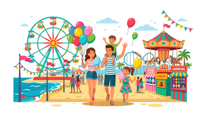 Naklejka premium Family Fun Day at the Amusement Park: A joyful family strolls through a vibrant amusement park filled with rides, games, and colorful balloons.