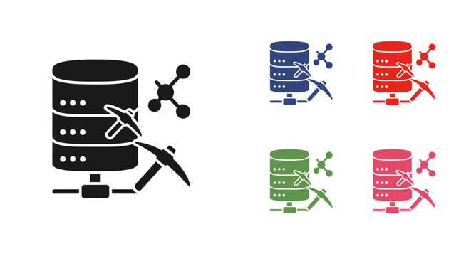 Digital asset extraction process represented by pickaxe interacting with database symbol and molecular structure symbolizing blockchain mining data retrieval and cryptocurrency operations in various v