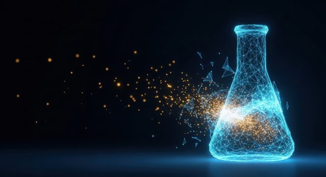 A blue flask sitting on a table with particles flying out