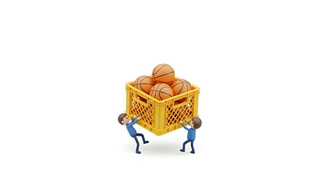 Team lifting a yellow crate filled with basketballs
