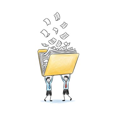 Businessmen holding up a giant folder with flying papers