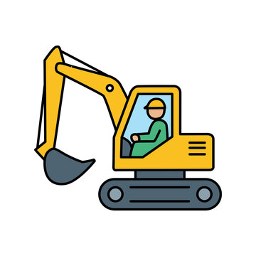 Excavator digger vehicle with driver vector illustration. Heavy construction machinery bagger icon isolated on white background.