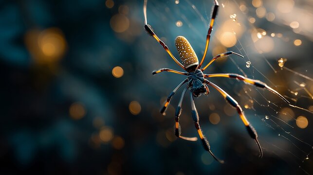 Macro view of a golden orb weaver spider on its web with glowing golden bokeh lights, professional commercial stock photography