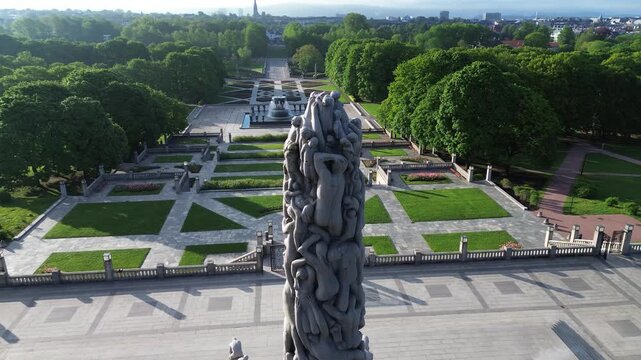 Aerial drone view of the obelisk statue tourist attractions at Vigeland sculpture park in Oslo, Norway.