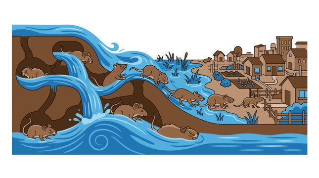 Illustration of beaver colony living in underwater lodge and tunnels. EPS Editable. Vector Illustrations.
