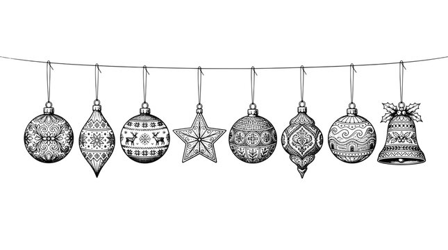 Ornament Christmas hanging baubles decorative monochrome vector line art with tassel string for holiday design