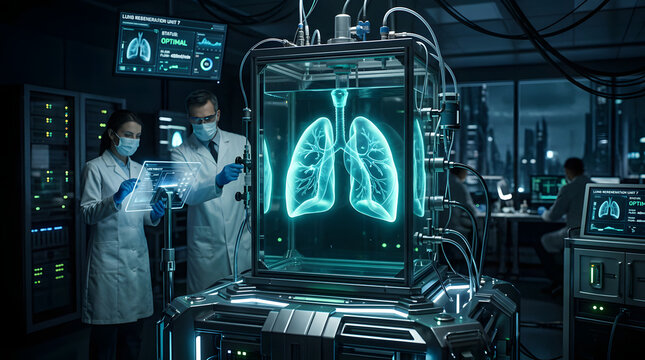 Laboratory scientists working with futuristic bio-engineered human lung reactor.