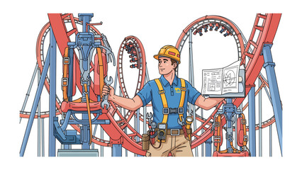 Roller Coaster Engineer: A smiling engineer in a hard hat and tool belt stands confidently with a blueprint in hand, overseeing the intricate mechanics of a colorful roller coaster. © Abdul