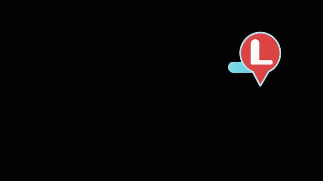 Animated lower third with a red location pin and the letter L on a black background