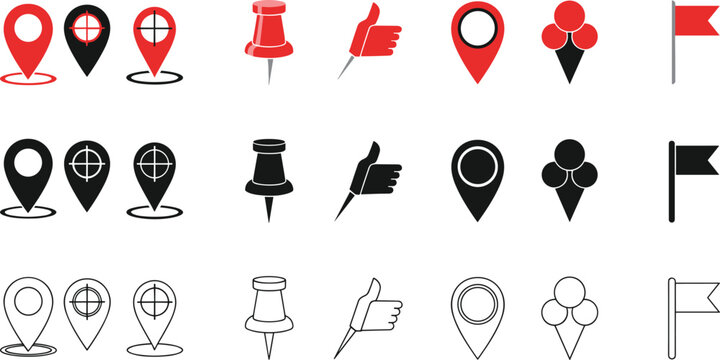 Map pointer pin icon collection with destination marker flag and navigation map location symbols for digital UI design