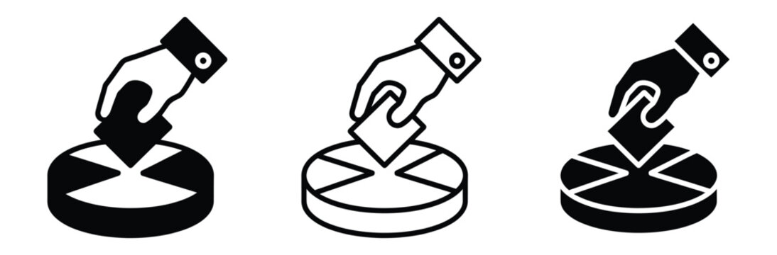 Voting icons set with hands casting ballots into boxes in black and white