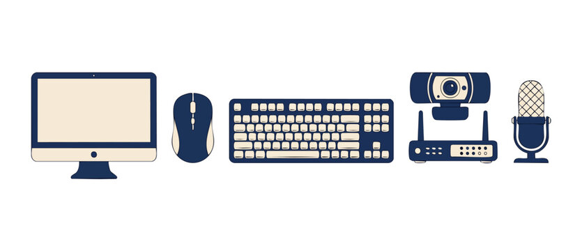Computer Hardware Set Icons Isolated on White Background, Office Equipment, Technology Peripherals for PC Workstation Setup, Flat Vector Style Collection for Gaming or Business Streaming Configuration