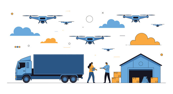 High-tech delivery hub where a fleet of autonomous drones and a large truck are used for efficient package transport and logistics.