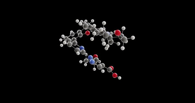 Avenciguat molecule, rotating 3D model of experimental drug, looped video on a black background
