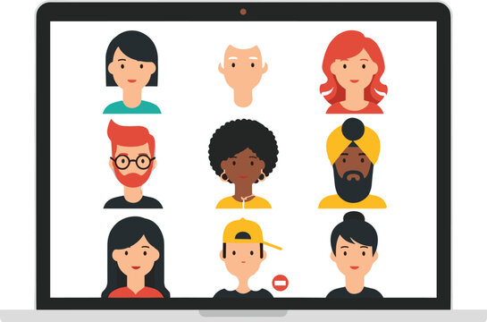 Video conference online meeting on laptop screen with diverse avatar characters flat vector illustration for remote work team collaboration