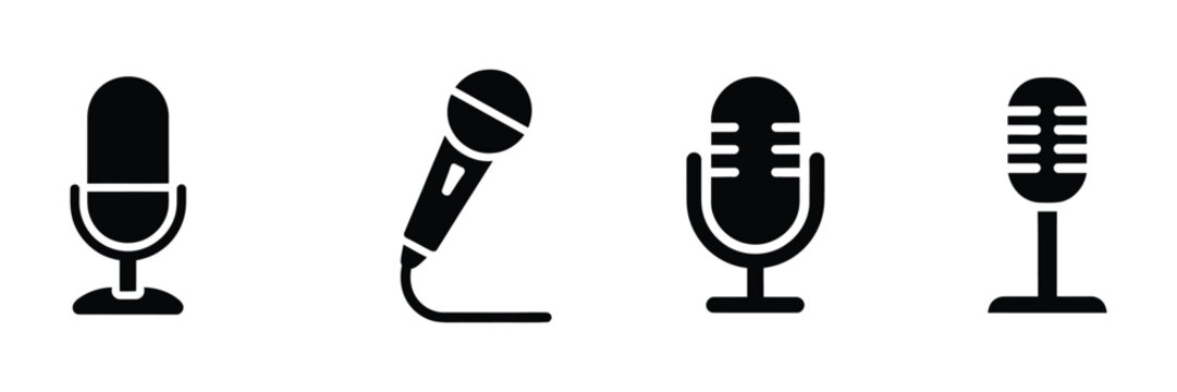 Microphone Icon Set, variant microphone symbols including karaoke mic and podcast microphone, web and mobile interface vector illustration for audio communication and media design.