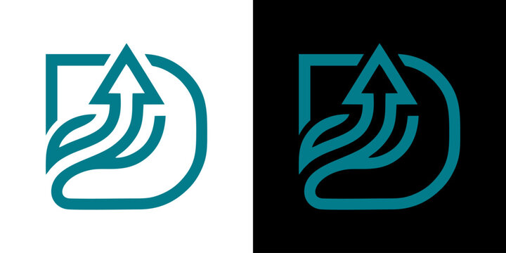 A modern and abstract letter D logo featuring an upward-pointing arrow and flowing lines, symbolizing growth, progress, and dynamic development for business and technology branding