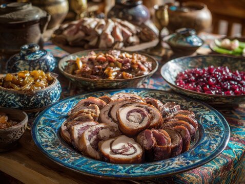 Traditional Kazakh Karta Horse Meat Delicacy Served on Ornamental Plate with Festive Dastarkhan