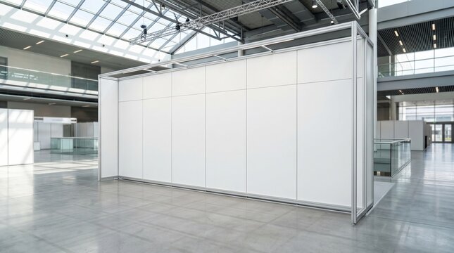 Empty exhibition hall with modern modular booths and polished concrete floor