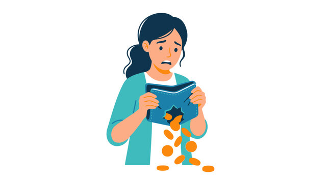 Stressed woman looking at empty wallet with coins falling out. EPS Editable. Vector Illustrations.