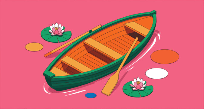 Green wooden boat with oar and lotus flowers on pink water
