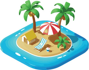 Obraz premium island with palm trees beach umbrella and lounge chair on sandy shore surrounded by blue water