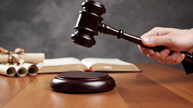 Close up of a wooden gavel being used in a legal or judicial setting