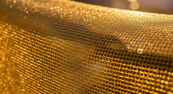 Close-up macro shot of shimmering gold sequin fabric draped elegantly, catching light with sparkling bokeh, creating a luxurious and festive background.