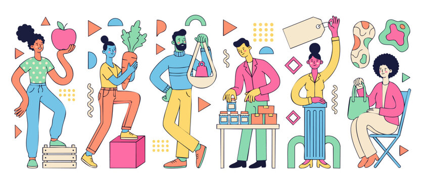 People Grocery Shopping Illustration Flat Design Set, Sustainable Food Consumption and Healthy Lifestyle Concept, Diverse Characters Holding Fresh Organic Produce and Eco-Friendly Products for Market