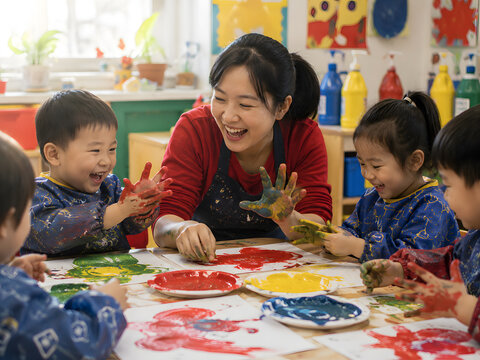 A joyful Asian female teacher and a diverse group of happy young children are enthusiastically engaged in a vibrant finger painting activity, their hands covered in colorful paint, laughing and smilin