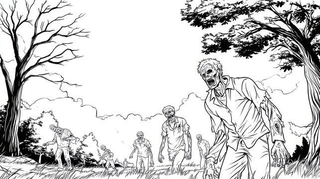Zombie Outbreak in Spooky Landscape with Infected Undead Walkers