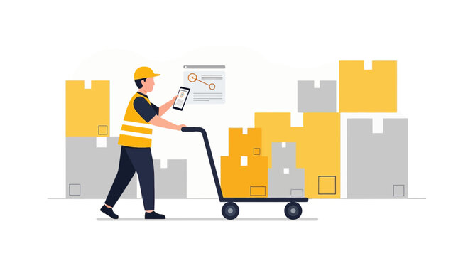 Delivery worker pushes cart with boxes, logistics and shipping concept