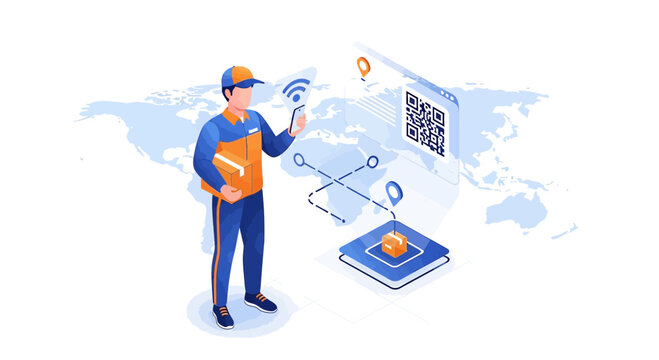 Delivery worker tracking package with QR code and world map