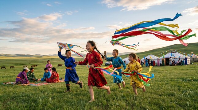 Cheerful Mongolian children in traditional Deel clothing running across a green grassland steppe while flying colorful kites