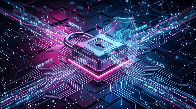 Futuristic Padlock and Shield Hologram on Microchip Representing Cybersecurity and Encrypted Digital Data Protection
