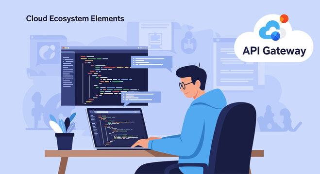 Developer coding API Gateway in cloud ecosystem, software development concept