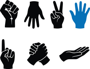 Obraz premium Set of hand gesture icons including fist, peace sign, handshake, and palm for communication and business concepts