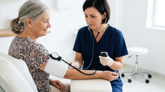 A professional caregiver measuring the blood pressure of an elderly patient using a digital monitor, highlighting regular health monitoring and medical support.