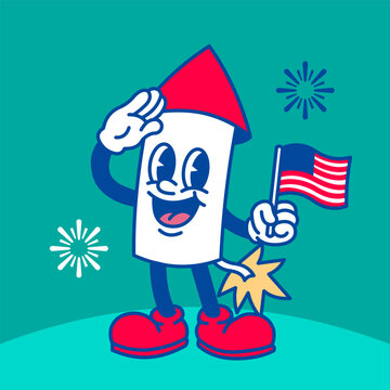 Patriotic retro rubber hose firework rocket character saluting and holding American flag for 4th of July.