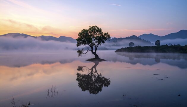 Lone single tree reflected in the still waters of a foggy lake at sunrise, AI generated