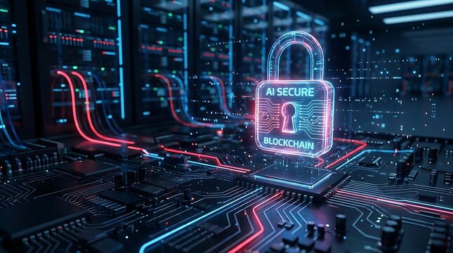 AI Secure Blockchain Padlock Hologram on Circuit Board in Modern Data Center Room for Cyber Security Concepts