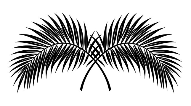 Palm frond tattoo icon with crossed fronds and mirrored feather leaves for tropical beach style decals