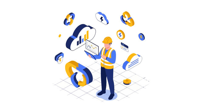Digital infrastructure, cloud computing, technician with laptop, futuristic technology isometric