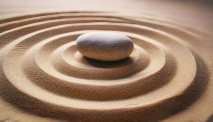 Naklejka premium Smooth pebble placed in center of a raked sand circle, Zen-inspired composition, high-resolution, earthy neutral colors, AI generated